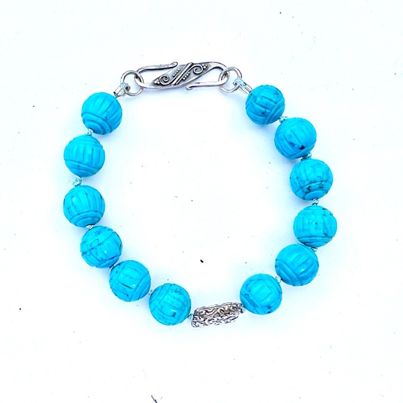Natural Carved Turquoise Bracelet Handmade Sterling Silver 11th Anniversary - Picture 2 of 10
